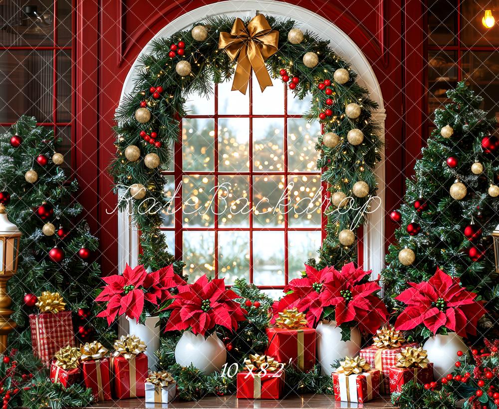 Kate Christmas Trees Garland Gifts Window Red Backdrop Designed by Mini MakeBelieve -UK