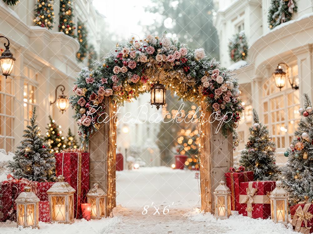 Kate Christmas Arch Door Snowy Street Backdrop Designed by Emetselch -UK