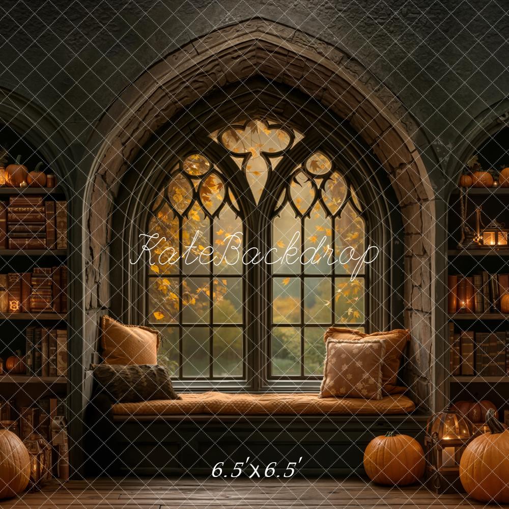 Kate Halloween Gothic Window Pumpkins Bookshelves Backdrop Designed by Emetselch -UK