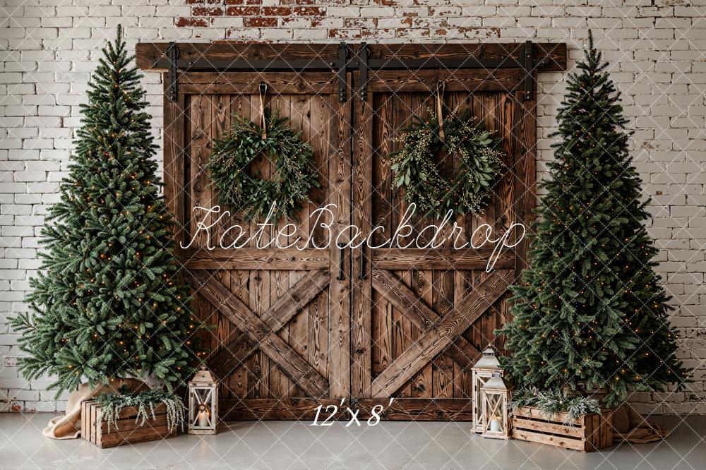 Kate Christmas Barn Door Wreath Trees Rustic Backdrop Designed by Emetselch -UK