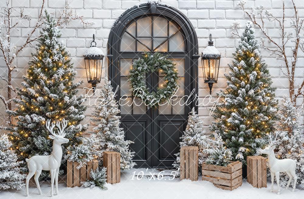 Kate Christmas Snowy Trees Reindeer Door Fleece Backdrop Designed by Emetselch -UK