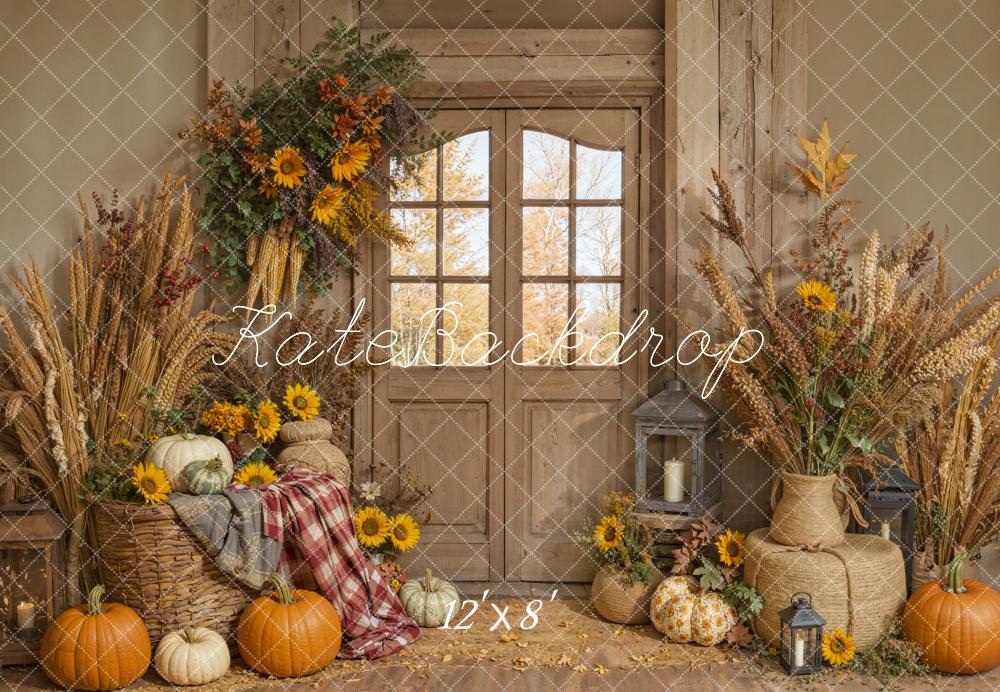 Kate Autumn Pumpkins Rustic Room Fleece Backdrop Designed by Emetselch -UK