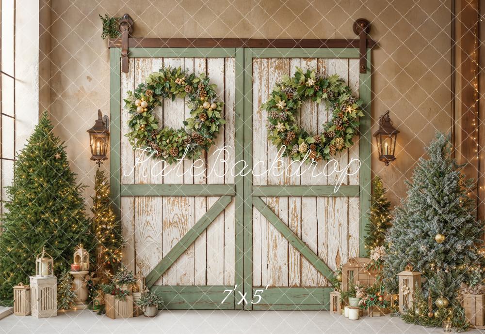 Kate Christmas Barn Door Wreaths Trees Backdrop Designed by Emetselch