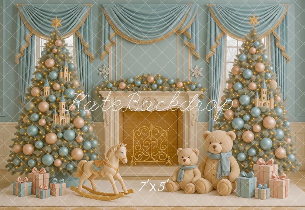 Kate Blue Gold Christmas Trees Fireplace Toys Backdrop Designed by Ashley Paul
