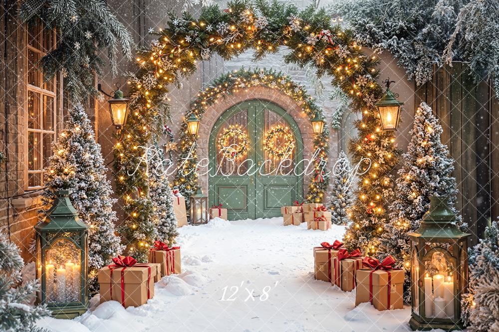 Kate Christmas Archway Snow Gifts Lanterns Fleece Backdrop Designed by Emetselch