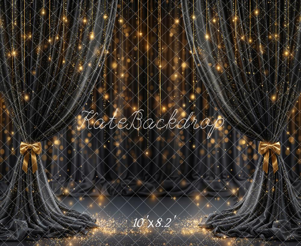 Kate Black Curtain Gold Lights Fleece Backdrop Designed by Emetselch -UK