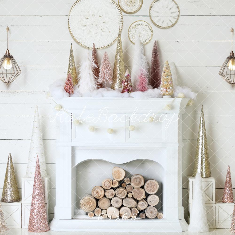 Kate Christmas Fireplace Pink&Gold Boho Backdrop Designed by Mandy Ringe Photography