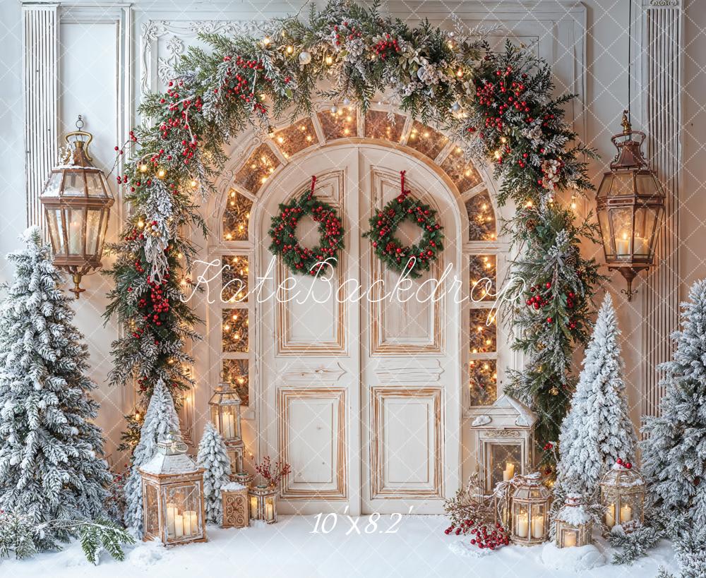 Kate Christmas Snowy Door Garland Lanterns Backdrop Designed by Emetselch