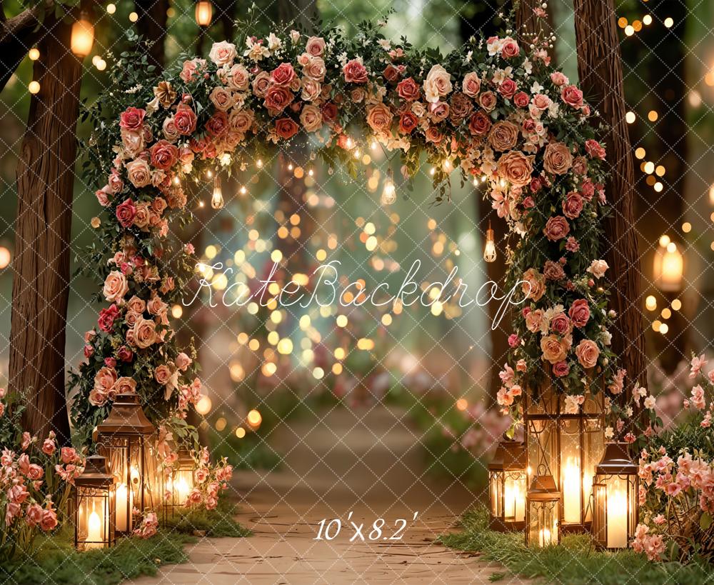Kate Floral Arch Lanterns Bokeh Forest Fleece Backdrop Designed by Emetselch