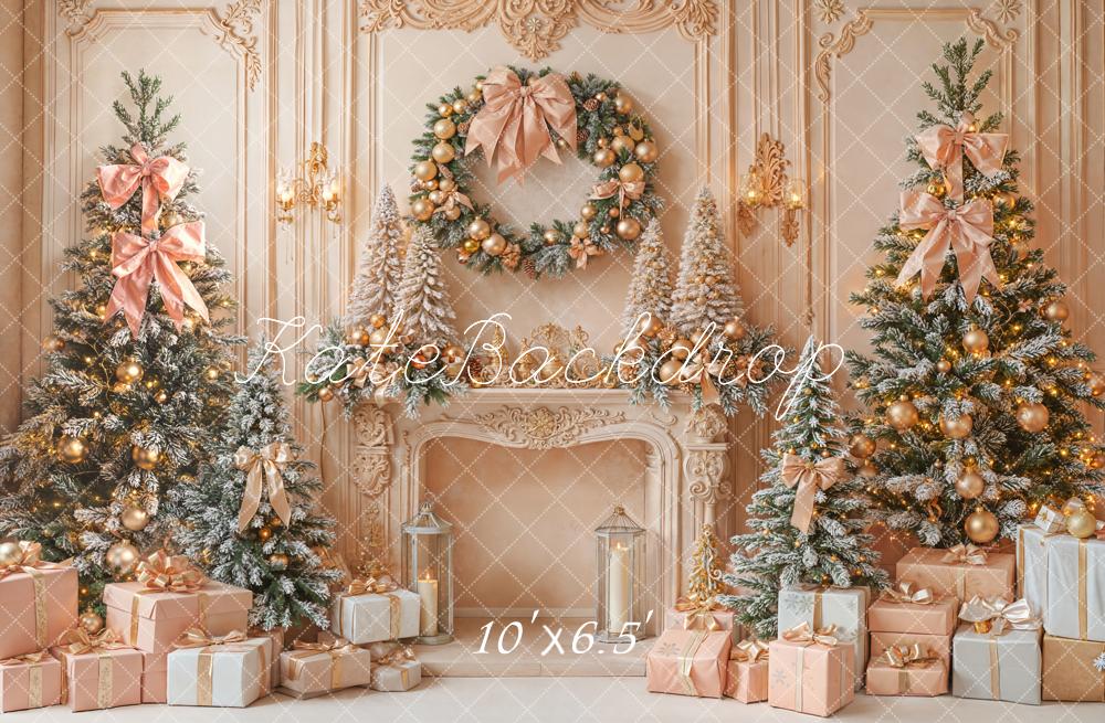 Kate Christmas Pink Gold Trees Fireplace Gifts Fleece Backdrop Designed by Emetselch