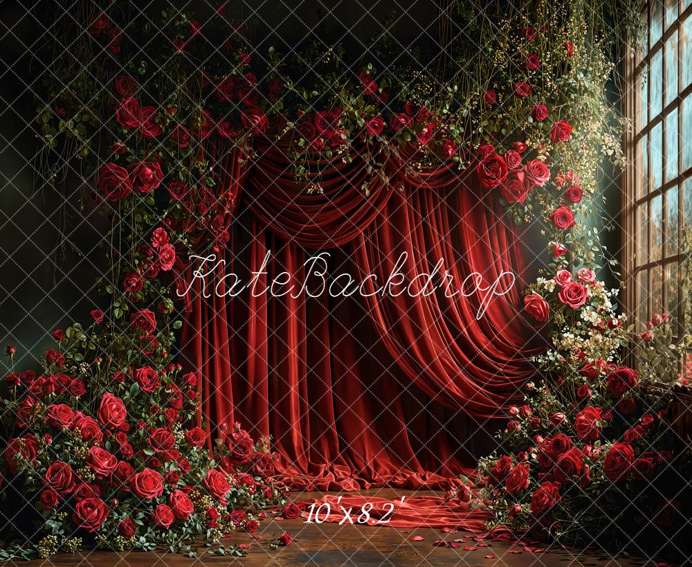 Kate Red Roses Floral Curtains Window Fleece Backdrop Designed by Emetselch -UK