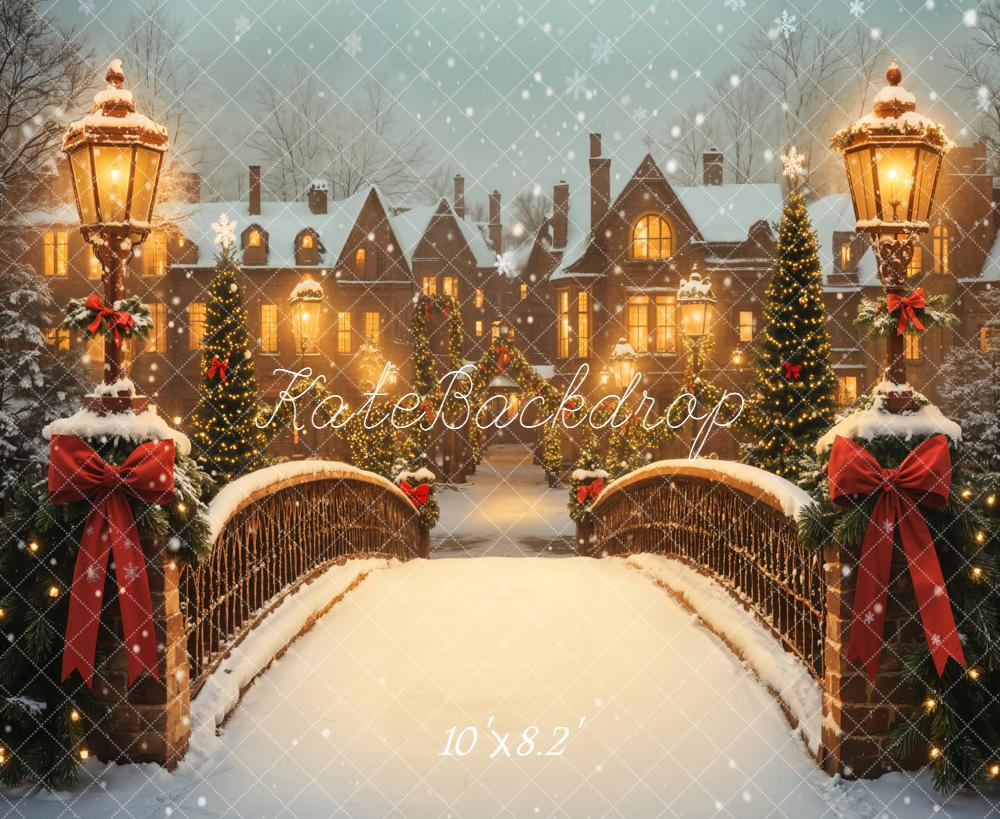 Kate Christmas Snowy Bridge Streetlamps Houses Backdrop Designed by Emetselch -UK