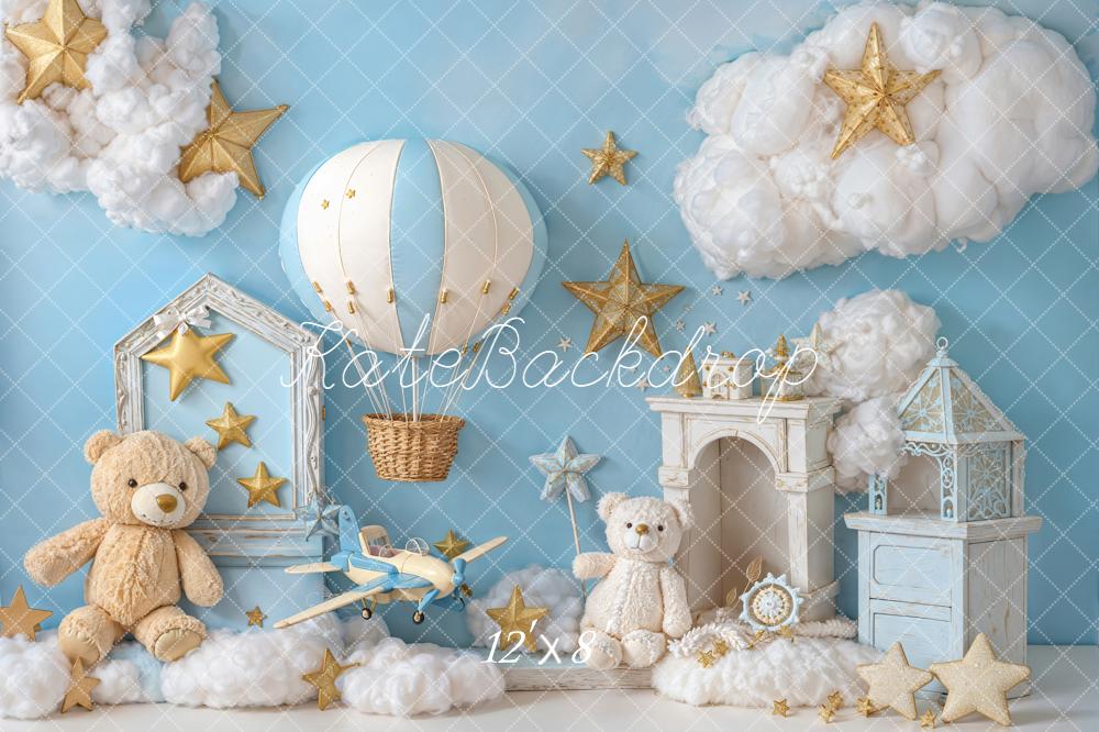 Kate Teddy Bear Hot Air Balloon Stars Clouds Fleece Backdrop Designed by Emetselch