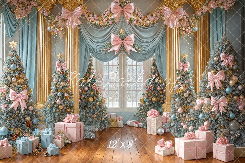 Kate Christmas Pink Blue Trees Presents Fleece Backdrop Designed by Emetselch -UK