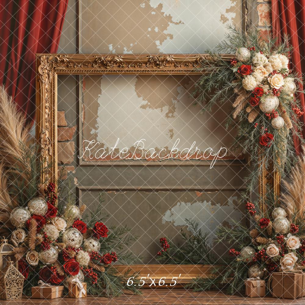 Kate Vintage Wall Gold Frame Christmas Floral Backdrop Designed by Emetselch
