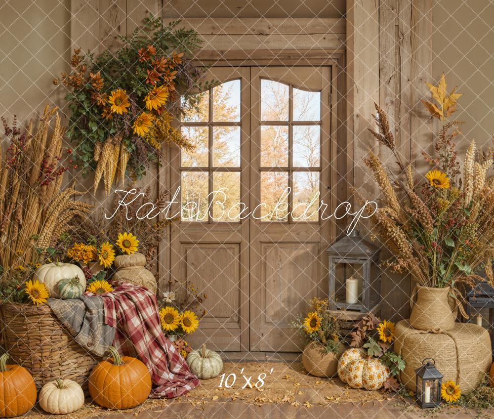 Kate Autumn Pumpkins Rustic Room Fleece Backdrop Designed by Emetselch -UK