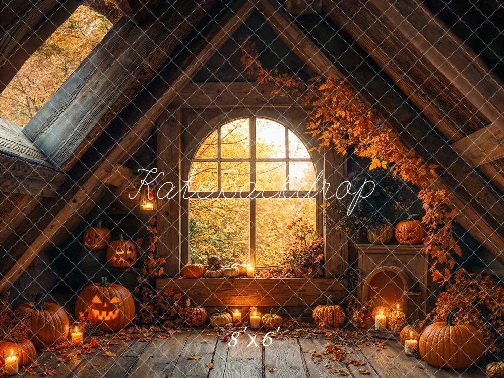 Kate Halloween Attic Pumpkins Autumn Fleece Backdrop Designed by Emetselch