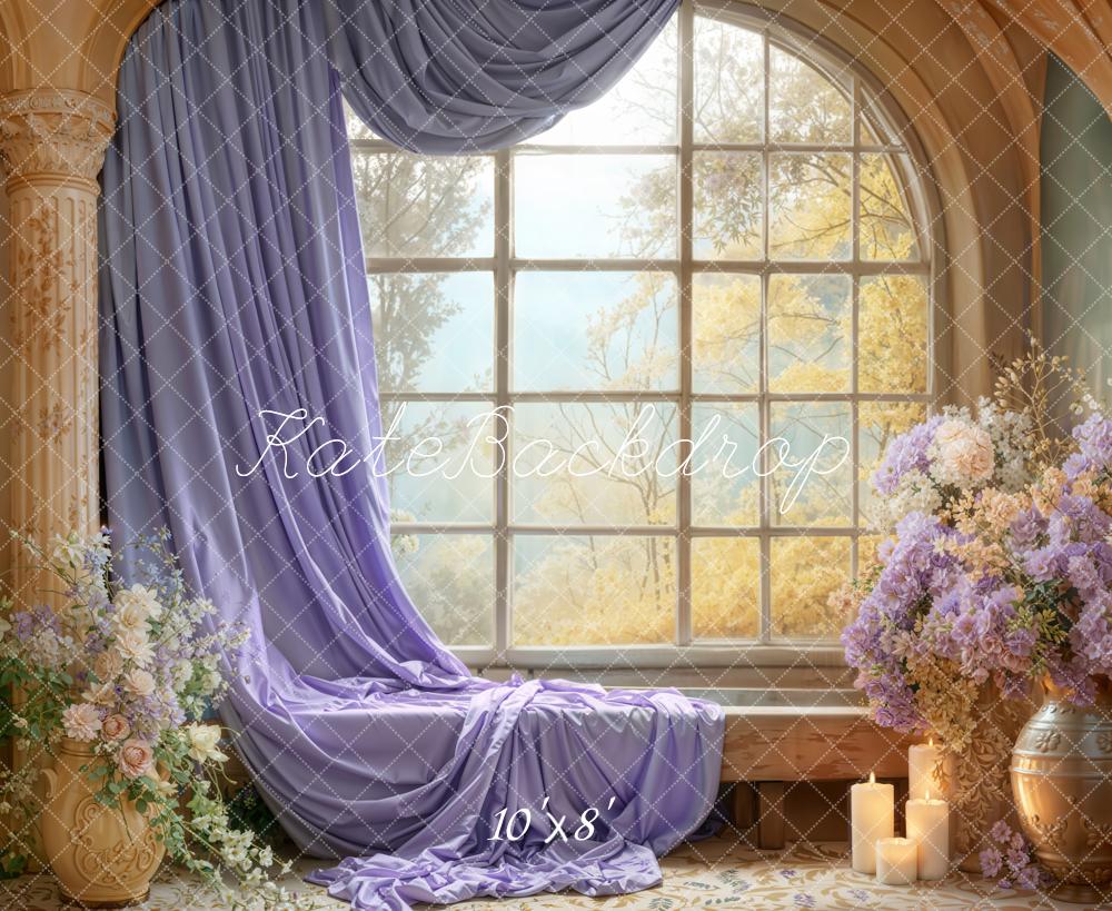Kate Window Purple Drapes Floral Fleece Backdrop Designed by Emetselch -UK