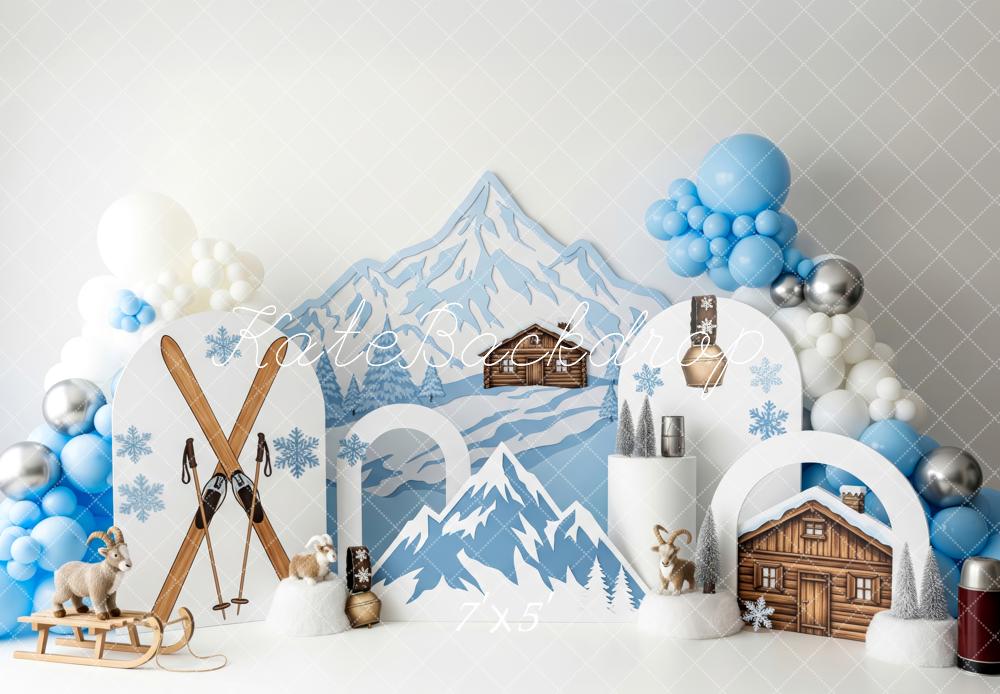 Kate Winter Mountain Cabin Skis Snowflakes Backdrop Designed by Patty Robert