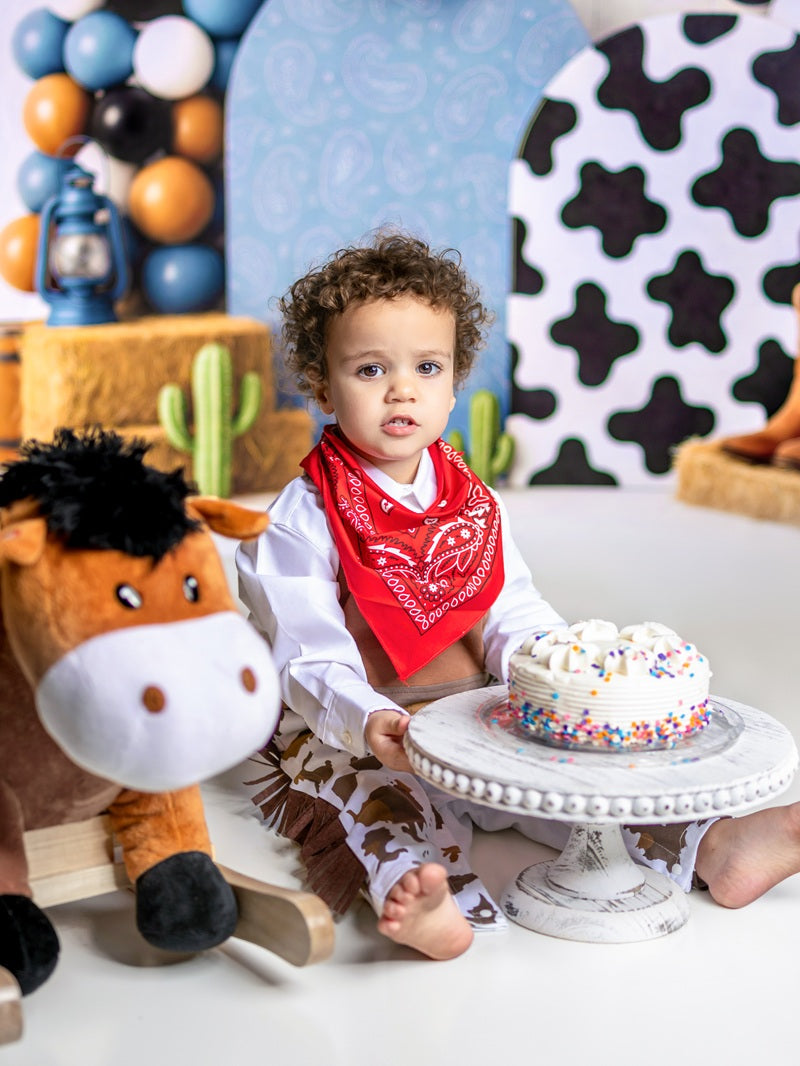 Kate Cake Smash Western Cowboy Boots Blue Backdrop Designed by Ashley Paul