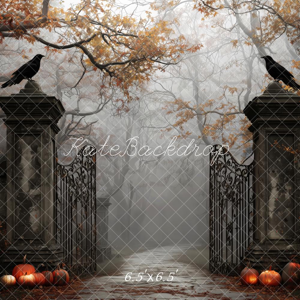 Kate Halloween Gate Ravens Pumpkins Autumn Backdrop Designed by Patty Robert