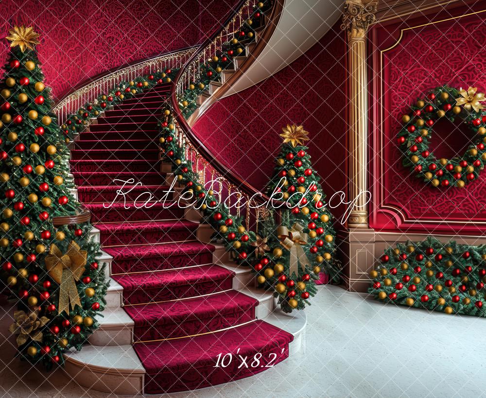 Kate Christmas Trees Cascading Stairs Red Backdrop Designed by Mini MakeBelieve -UK