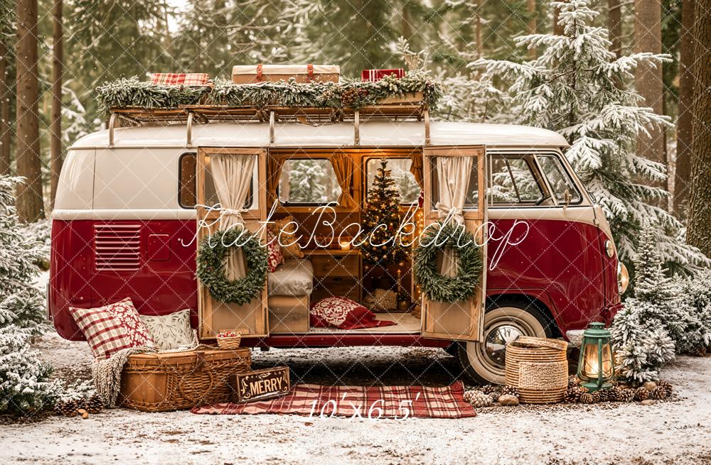 Kate Christmas Campervan Forest Pinecones Fleece Backdrop Designed by Emetselch