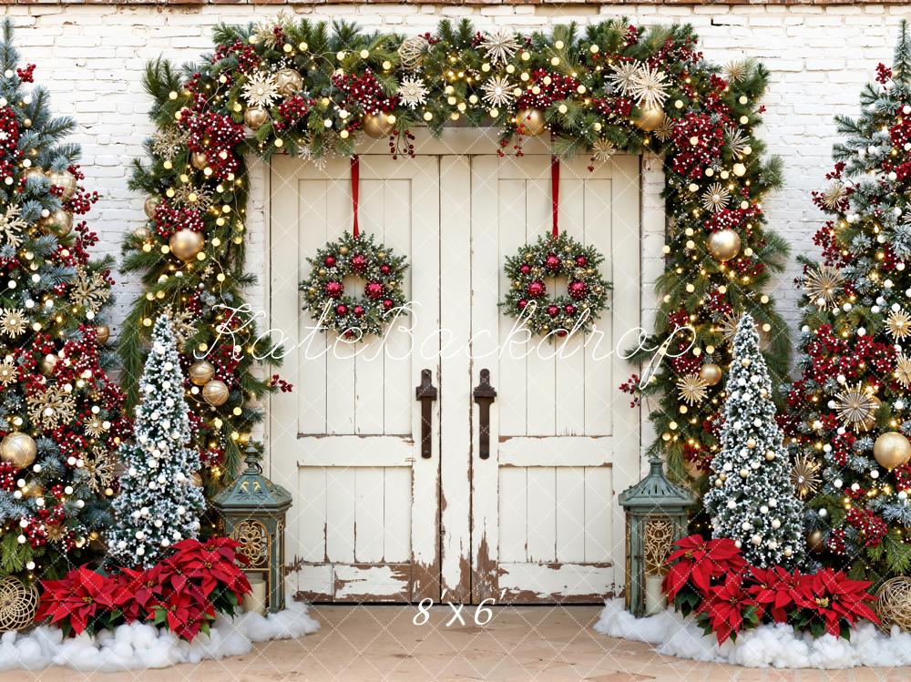 Kate Christmas Garland Trees White Door Fleece Backdrop Designed by Emetselch -UK