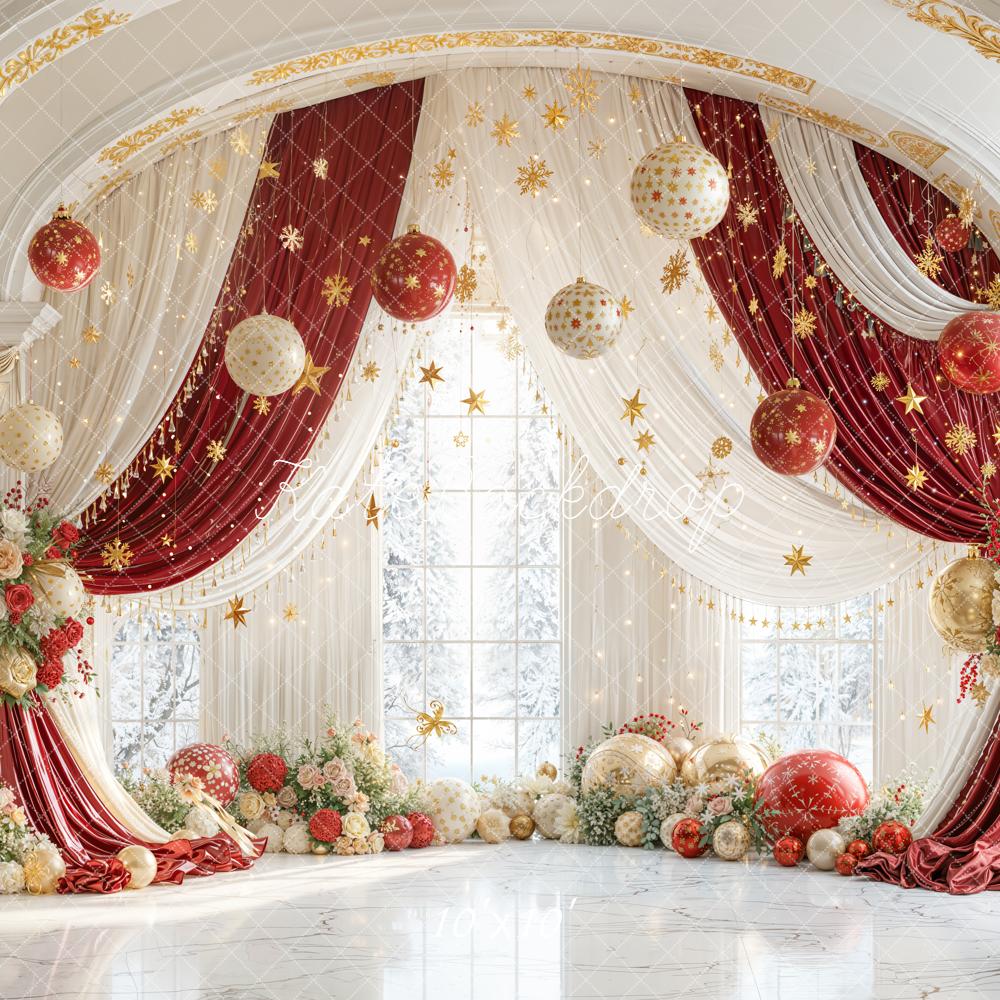 Kate Christmas Red Gold Ornaments Floral Arch Backdrop Designed by Emetselch -UK