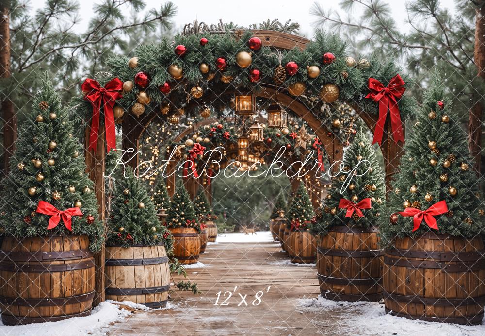 Kate Christmas Archway Lanterns Pine Trees Fleece Backdrop Designed by Emetselch -UK