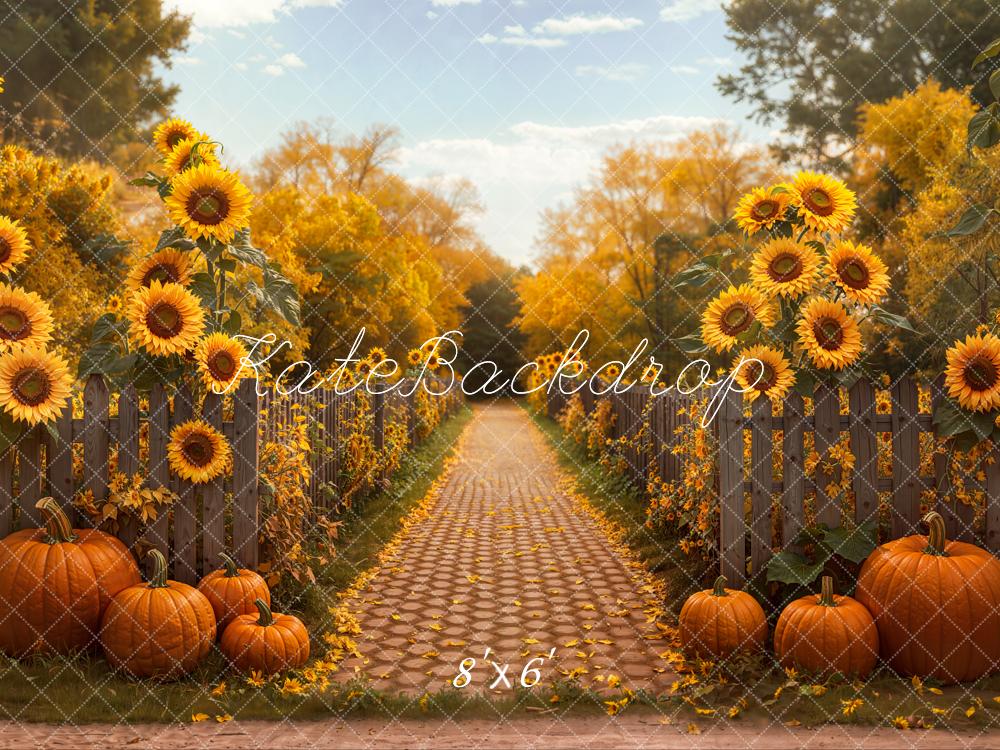 Kate Autumn Sunflower Pumpkin Cobblestone Path Fleece Backdrop Designed by Emetselch -UK