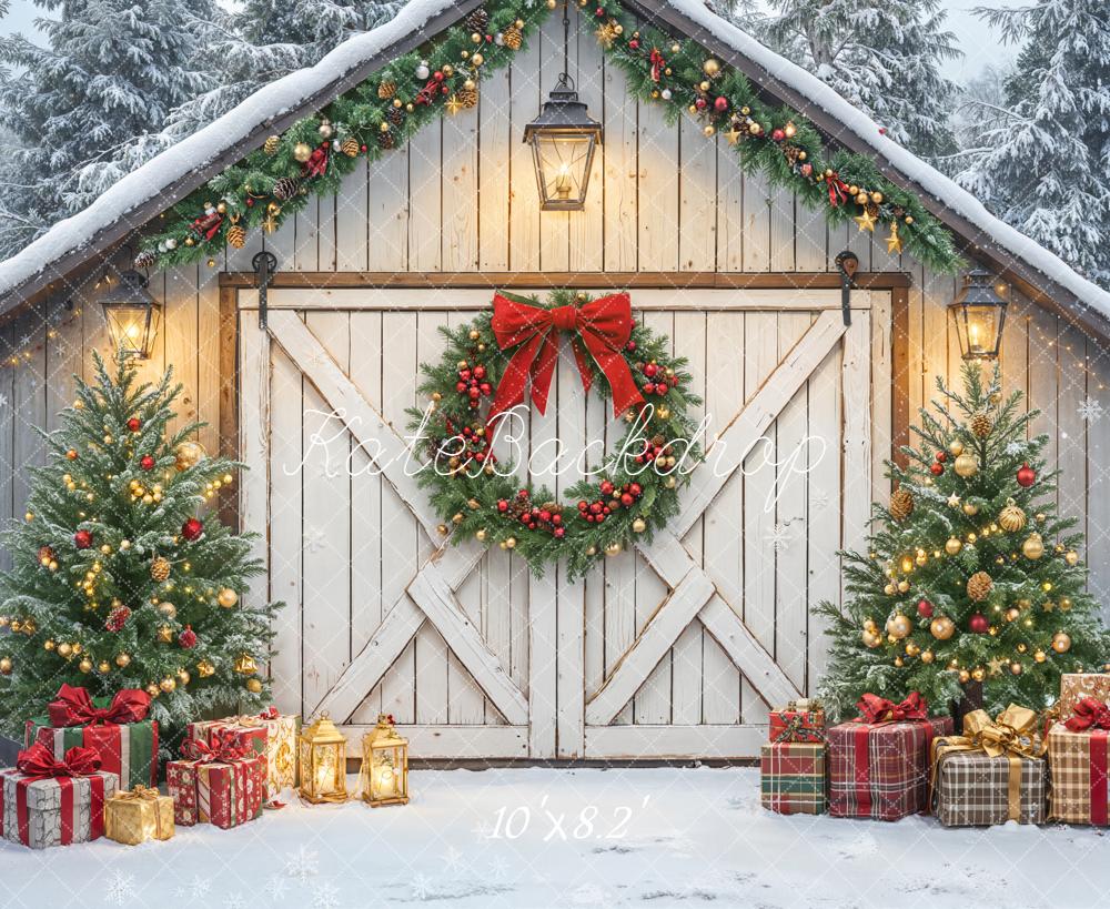Kate Christmas Barn Door Garland Trees Presents Backdrop Designed by Emetselch -UK