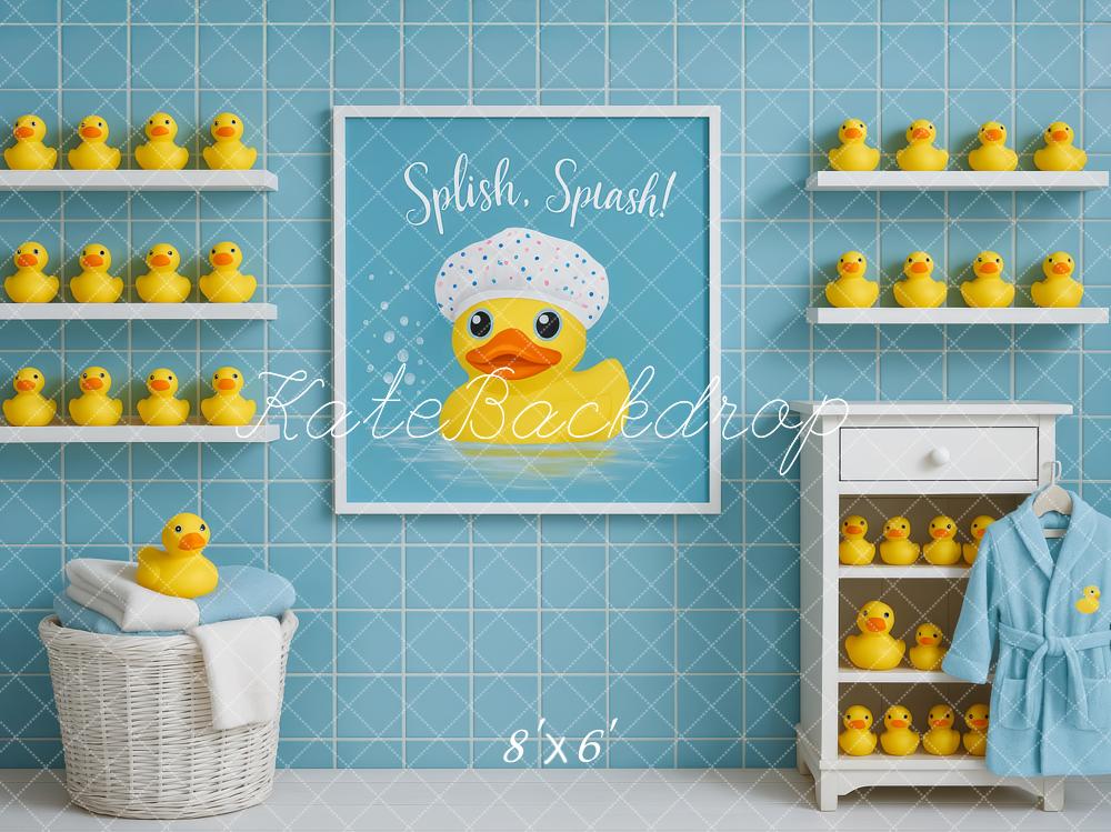 Kate Duck Bathrobe Blue Tiles Backdrop Designed by Patty Robert -UK