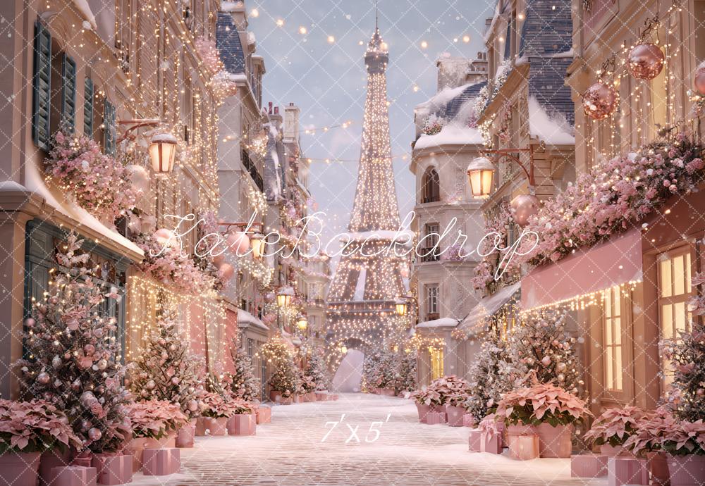 Kate Christmas Street Eiffel Tower Pink Backdrop Designed by Ashley Paul