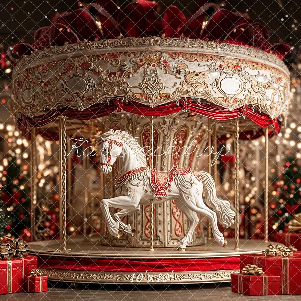 Kate Carousel Christmas Tree Red Gifts Backdrop Designed by Emetselch