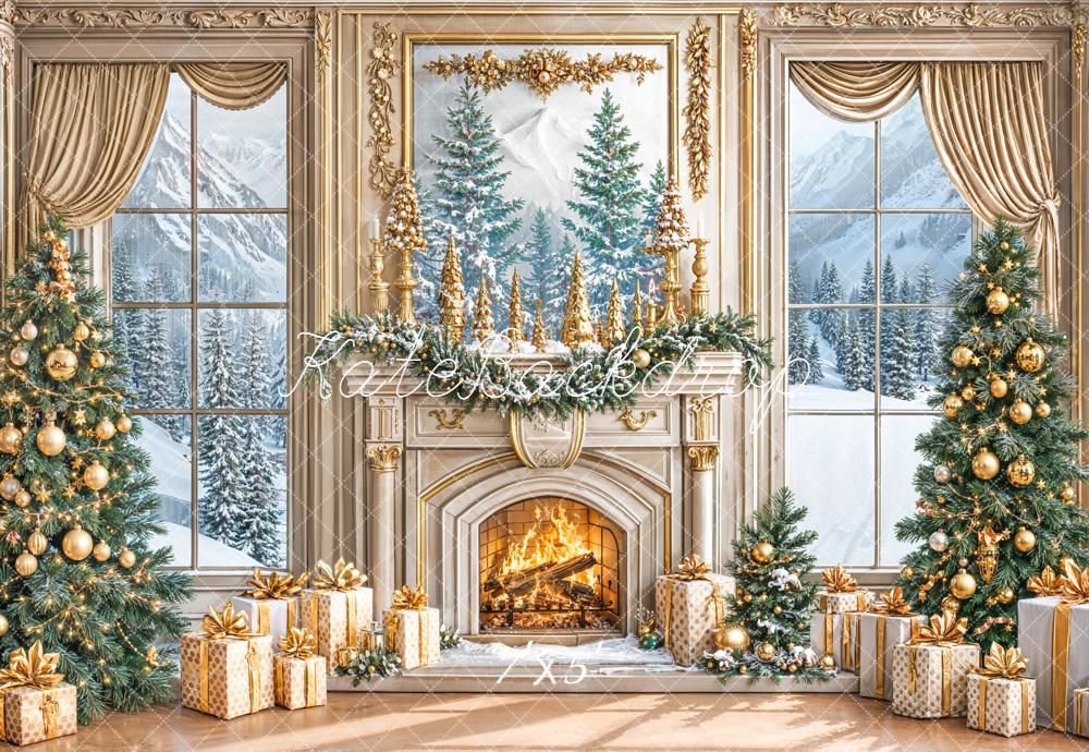Kate Christmas Gold Fireplace Window Backdrop Designed by Emetselch