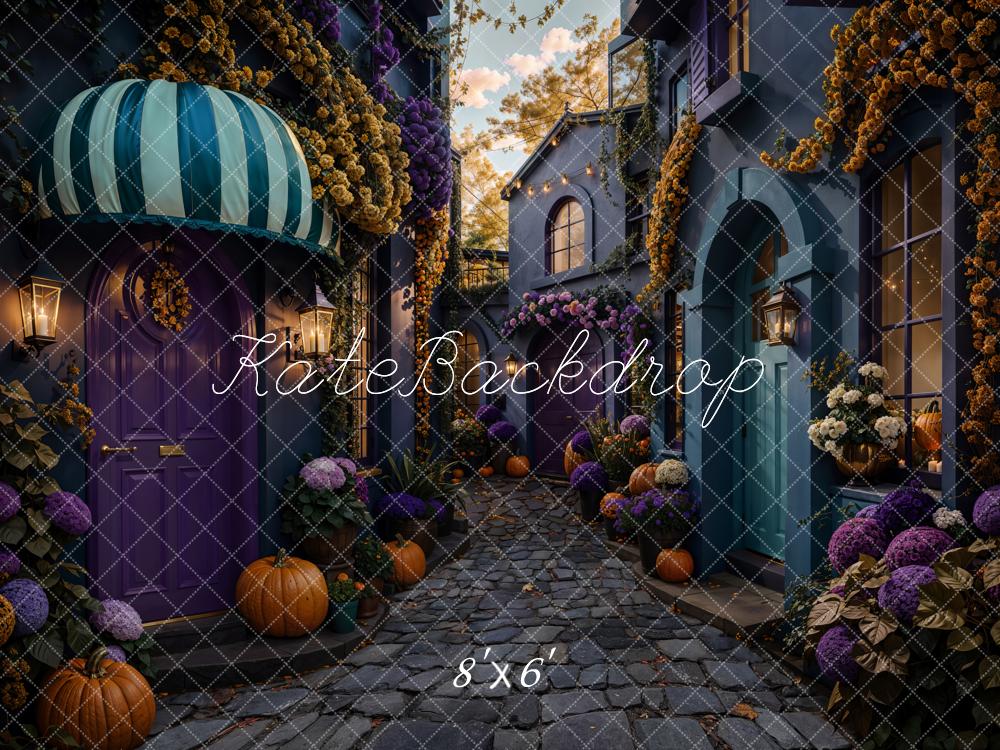Kate Halloween Cobblestone Alley Pumpkins Purple Fleece Backdrop Designed by Emetselch -UK