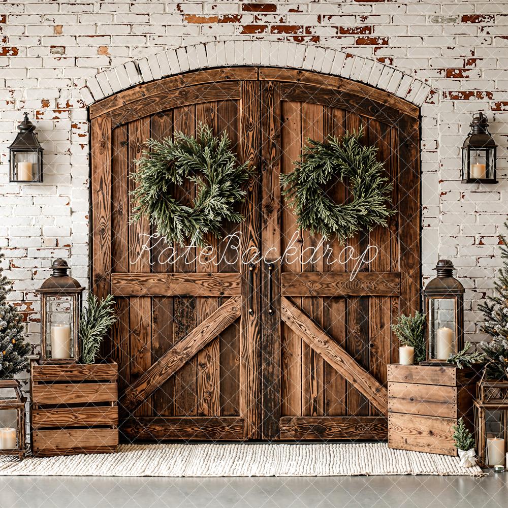 Kate Christmas Wooden Door Brick Wall Trees Backdrop Designed by Emetselch -UK
