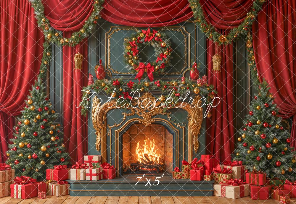 Kate Red Christmas Fireplace Trees Presents Backdrop Designed by Emetselch