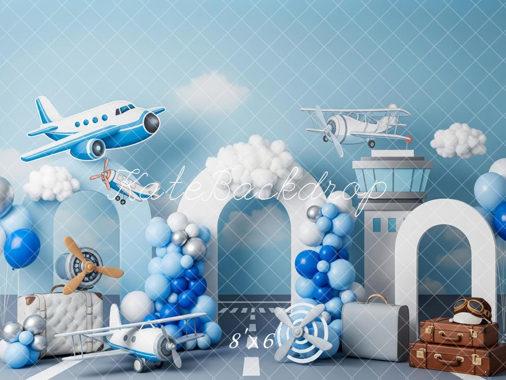 Kate Aeroplane Suitcases Control Tower Blue Balloons Backdrop Designed by Patty Robert -UK