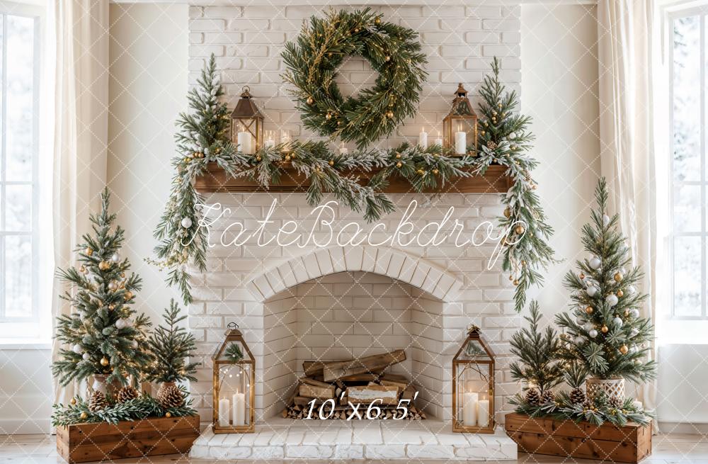 Kate Christmas Fireplace Wreath Lanterns Fleece Backdrop Designed by Emetselch