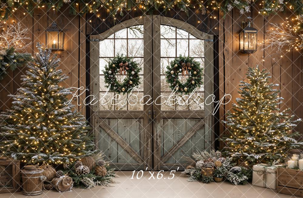 Kate Christmas Barn Door Wreath Trees Fleece Backdrop Designed by Emetselch -UK
