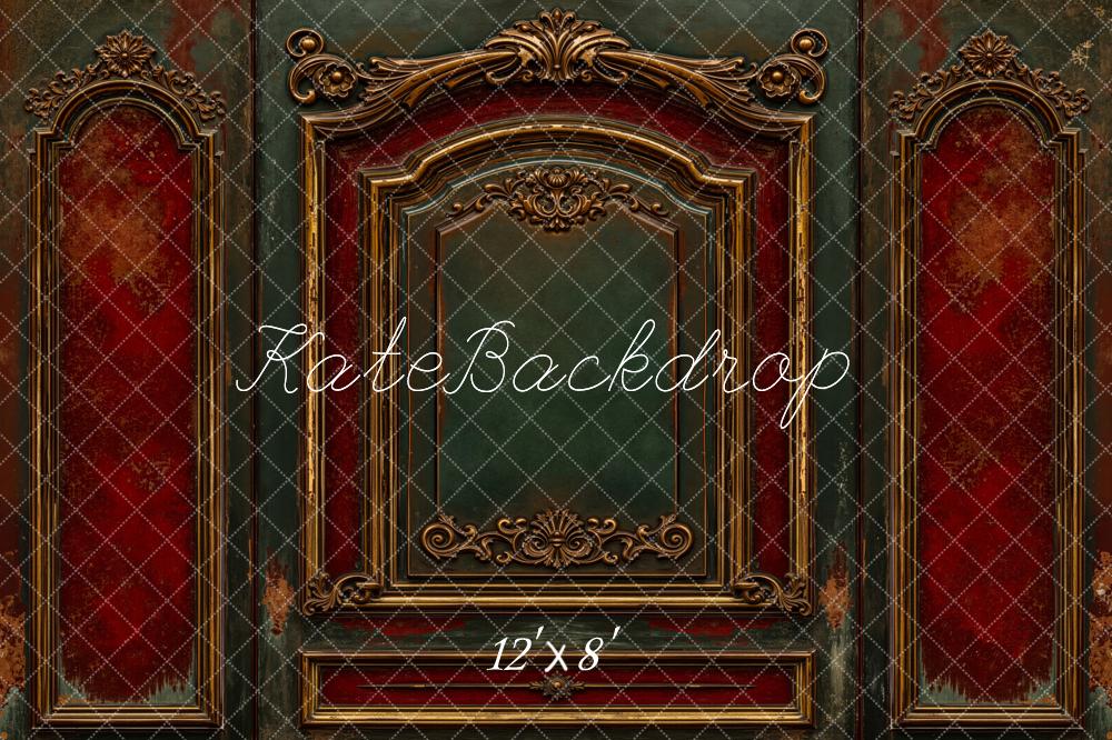 Kate Vintage Ornate Red Green Wall Fleece Backdrop Designed by Emetselch -UK