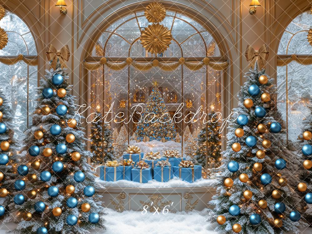 Kate Christmas Snowy Trees Presents Gold Backdrop Designed by Mini MakeBelieve -UK