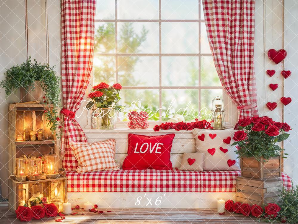 Kate Valentine Window Red Hearts Roses Fleece Backdrop Designed by Emetselch