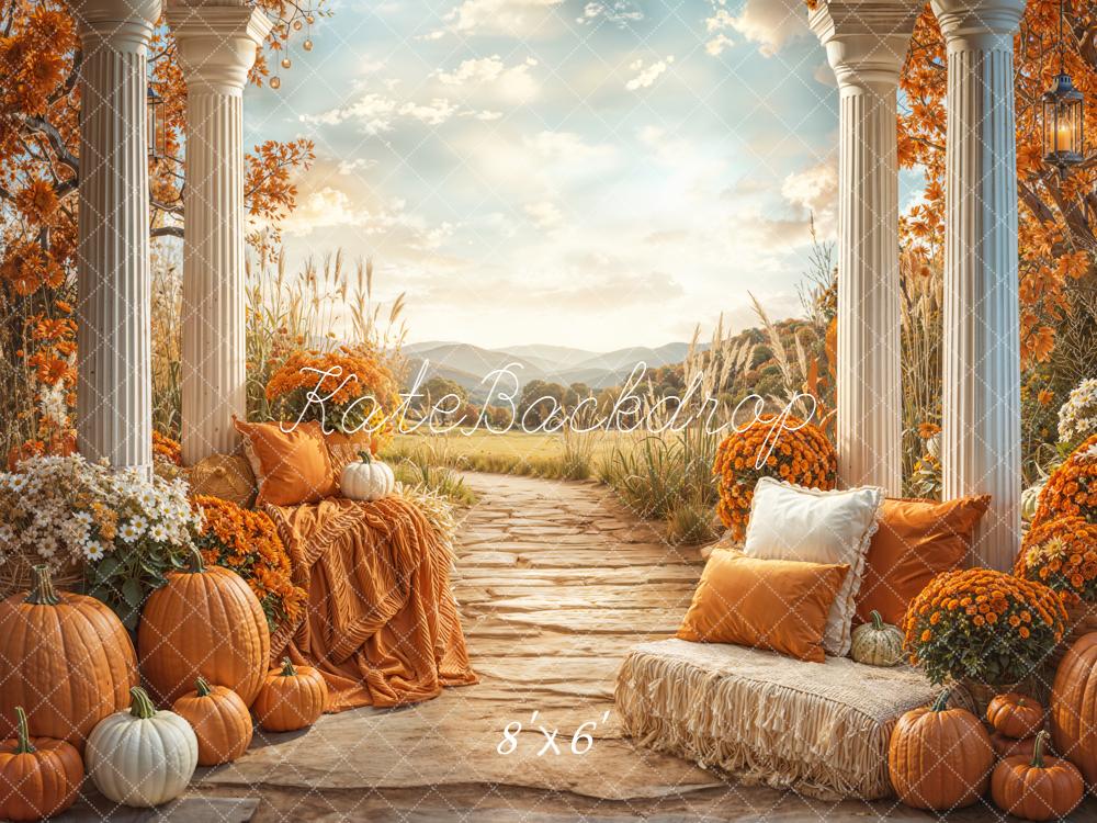 Kate Autumn Pumpkins Flowers Columns Path Fleece Backdrop Designed by Emetselch -UK