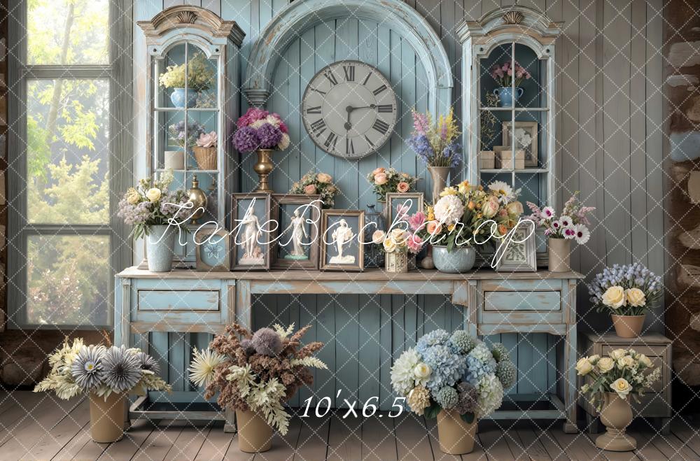 Kate Vintage Cabinet Clock Flowers Blue Backdrop Designed by Mini MakeBelieve -UK