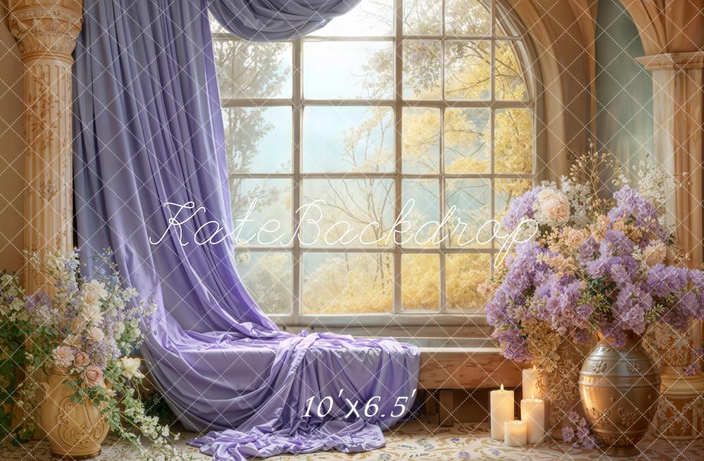 Kate Window Purple Drapes Floral Fleece Backdrop Designed by Emetselch -UK