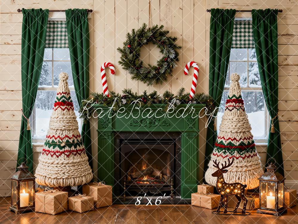 Kate Christmas Fireplace Yarn Trees Presents Backdrop Designed by Emetselch -UK