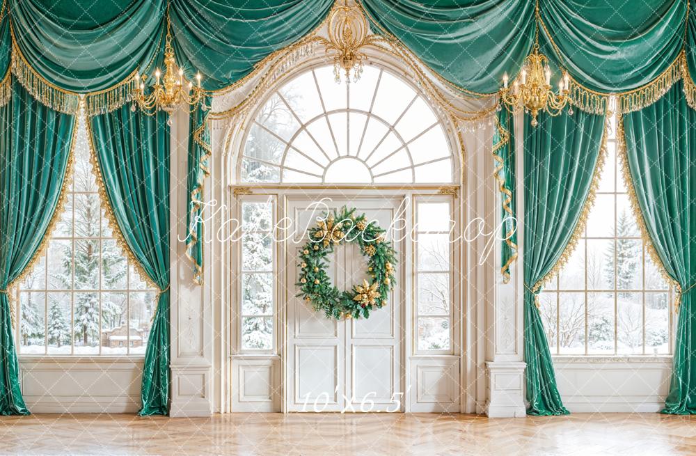 Kate Christmas Wreath Grand Windows Green Curtains Backdrop Designed by Emetselch -UK